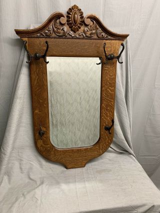 Antique Vintage Quartered Oak Beveled Mirror With Hooks