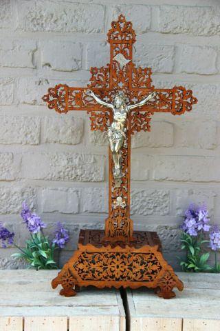 Large Antique French Tramp Art Wood Carved Crucifix Religious