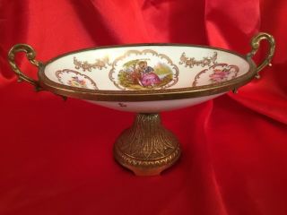 Antique French Bronze Gold Gilt Enameled Hand Painted Compote Center Piece Bowl