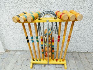 Vintage Wooden Croquet Set W/standing Caddy 6 Player Complete -