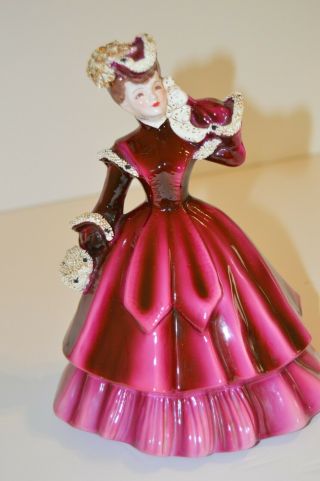 Vintage Florence Ceramics Matilda Figurine,  Maroon Dress,  And Ermine Trim