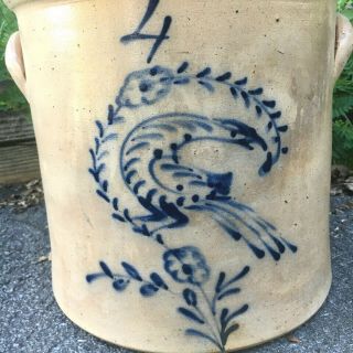 Antique Stoneware 4 GALLON STRAIGHT CROCK w/FANCY BLUE BIRD & FLOWER Distelfink 2