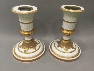 Pair Ornate Gilt Porcelain Neoclassical Antique Italian Candlesticks Acanthus