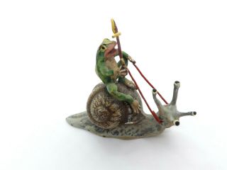 Fritz Bermann Fbw Vienna Cold Painted Bronze Miniature Frog Riding A Snail