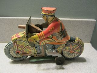 Vintage Tin Litho Marx Wind Up Soldier On Motorcycle With Gun
