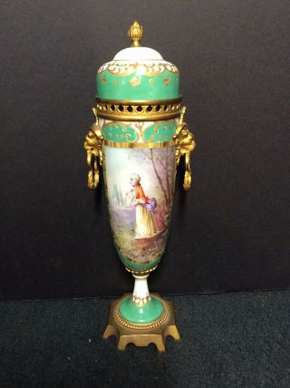 Antique Sevres Gilt Bronze Mounted Hand Painted Covered Jar
