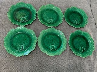Vintage English Wedgwood Majolica Green Glazed Set Of 6 Cabbage Leaf Plates