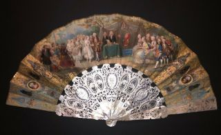 Antique French Carved Mother Of Pearl Hand Painted Wedding Scene Fan
