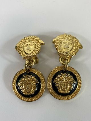 Rare Vtg Gianni Versace Gold & Black Medusa Earrings