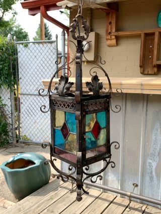 Wrought Iron & Leaded Stained Glass Spanish Style Pendant Lamp