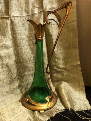 French Art Nouveau Green Glass Decanter With Bronze Dore Trim