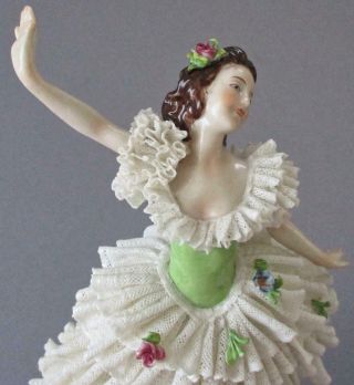 Antique Dresden Porcelain Figurine Ballerina Ruffles Lace Flowers Volkstedt