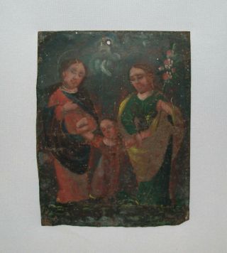 Old Antique Vtg 19th C 1800s Hand Painted Tin Folk Art Retablo Holy Family