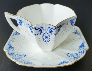 SHELLEY Queen Anne MEDALLION Teacup & Saucer RARE BLUE Vintage Antique c.  1930 2