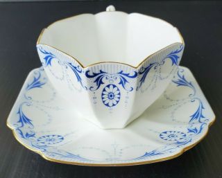 SHELLEY Queen Anne MEDALLION Teacup & Saucer RARE BLUE Vintage Antique c.  1930 3