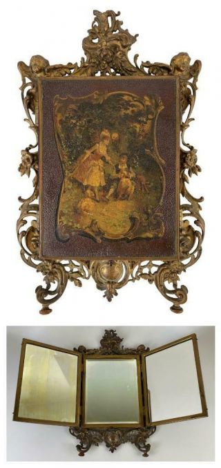 Antique French Louis Xv Rococo Gilt Bronze Ormolu Painted Trifold 3 - Panel Mirror