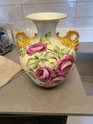 Antique Floral French Hand Painted Porcelain Vase From The Late 1800 