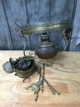 Antique B&h Hanging Oil Lamp Frame With Ratcheting Lowering Mechanism Parts Repa