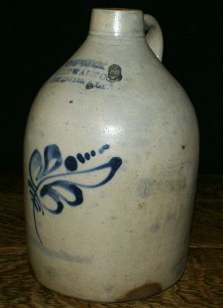 Antique 19th Century York Stone Ware Co.  1 Gallon Jug W/ Blue Floral Motif