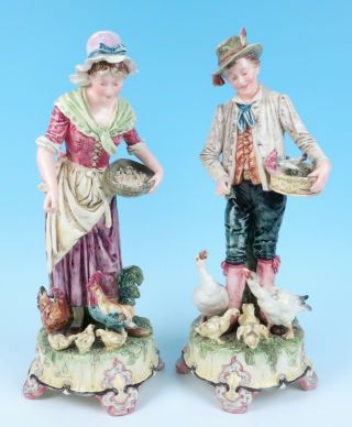 Antique Pair Large Austrian Majolica Figurines Couple Feeding Animals Hens Ducks