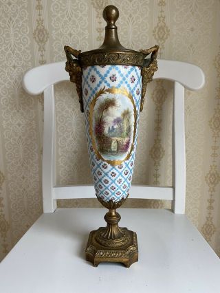 Antique French Porcelain Urn Bronze Mounted Hand Painted Signed