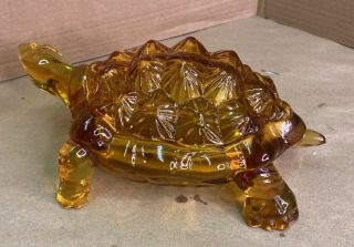 Vintage LG Wright Amber Glass Turtle Covered Candy Dish Mid Century Orange 3