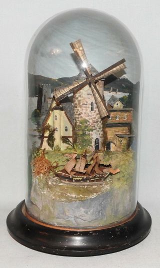 Antique Victorian Automata Music Box Of A Windmill & Ship Under Its Glass Dome.