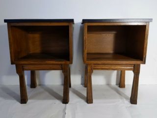 Vintage Mid Century Pair End Tables Nightstands,  Cubby - Ranch Oak Style Legs