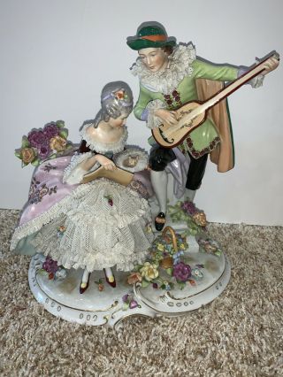 Large Antique Dresden Lace Figurine Germany Lady Man Playing Guitar Porcelain