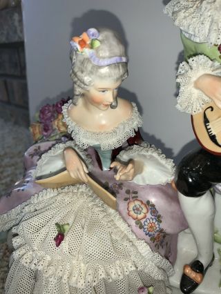 Large Antique Dresden Lace Figurine Germany Lady Man Playing Guitar Porcelain 2