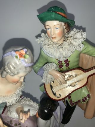 Large Antique Dresden Lace Figurine Germany Lady Man Playing Guitar Porcelain 3