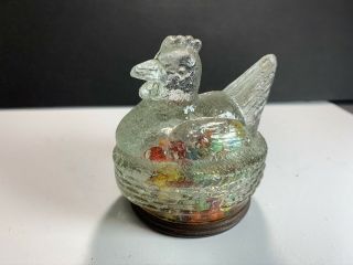 Rare Vintage Glass Candy Container Chicken On Round Nest