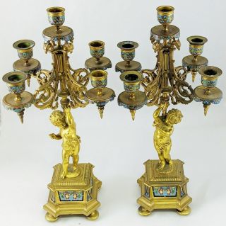 Pair Antique 19th C French Classical Bronze & Champleve Enamel Putti Candelabra