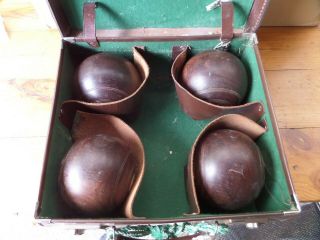 Set 4 Australian Vintage Antique Old Thomson Lignum Vitae Lawn Bowls Leather Box