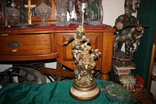 Antique Moreau Art Deco Figural Table Lamp Boy Girl Fishing Marked Stamped