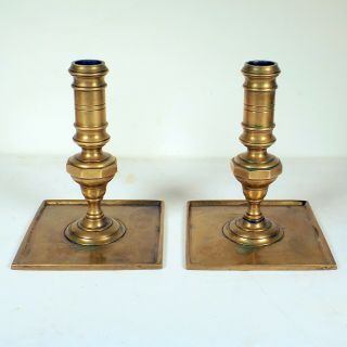 Rare Pair 17th Century Antique Spanish Brass Bronze Square Base Candlesticks 6 "