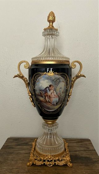 Vintage French Acf Sevres Cobalt Porcelain,  Crystal & Gilt Bronze Lidded Urn 22 "