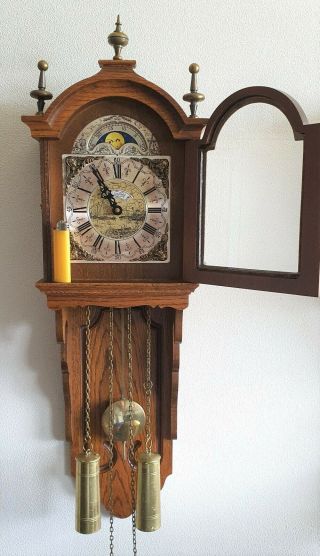 Warmink Wall Clock Staartklok 8 Day Vintage Dutch Moon Dial Bim Bams Weights 2