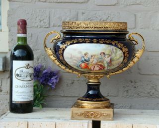 French Porcelain Cobalt Blue Victorian Romantic Scene Bowl Centerpiece