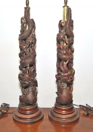 Asian Chinese 19th Century Dragon Carved Gilt Wood Table Lamps