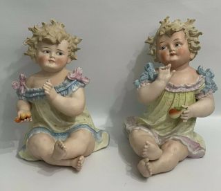 14” Antique Pair German Bisque Piano Baby Girls Figures Fruit