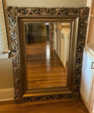 Large Antique Italian Carved Open Gilt Gold Wood Frame Beveled Mirror - We Ship