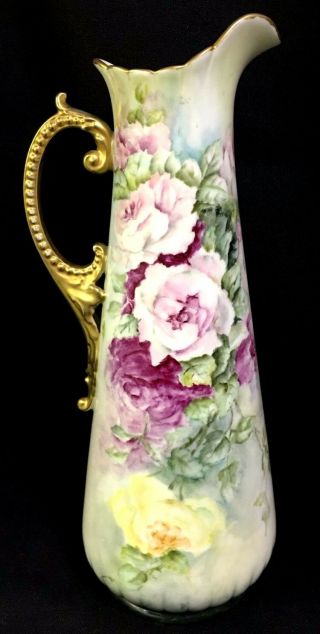 Belleek Antique Hand Painted Roses Porcelain Pitcher Signed 12 "