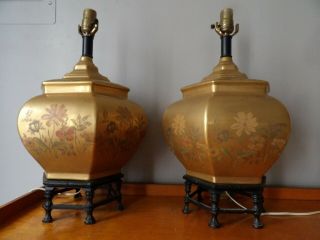 Fine Pair Vintage Oriental Lamps With Metal Footed Base Gold Leaf Hollywood