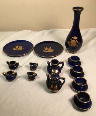 Vtg Porcelain Tea Set Mini Cobalt & Gold 17 Pc Set,  1 - P.  Pastaud Vase