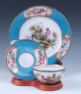 Antique French Paris Sevres Style Hp Birds Roses Cup Saucer Plate Trio Porcelain