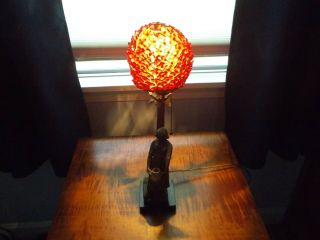 Antique Art Nouveau Figural Lamp,  Beaded Shade,  Newel Post? French?