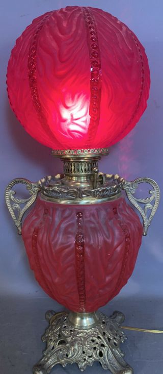 Ca.  1910 Antique Victorian Style Ruby Red Drape Glass Old Gwtw Parlor Table Lamp