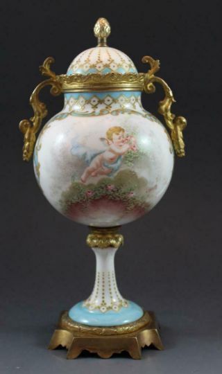 C1890 French Sevres Porcelain Covered Urn Gilt Bronze Mounted W/ Cherubic Figure
