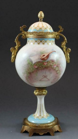 C1890 French Sevres Porcelain Covered Urn Gilt Bronze Mounted w/ Cherubic Figure 2